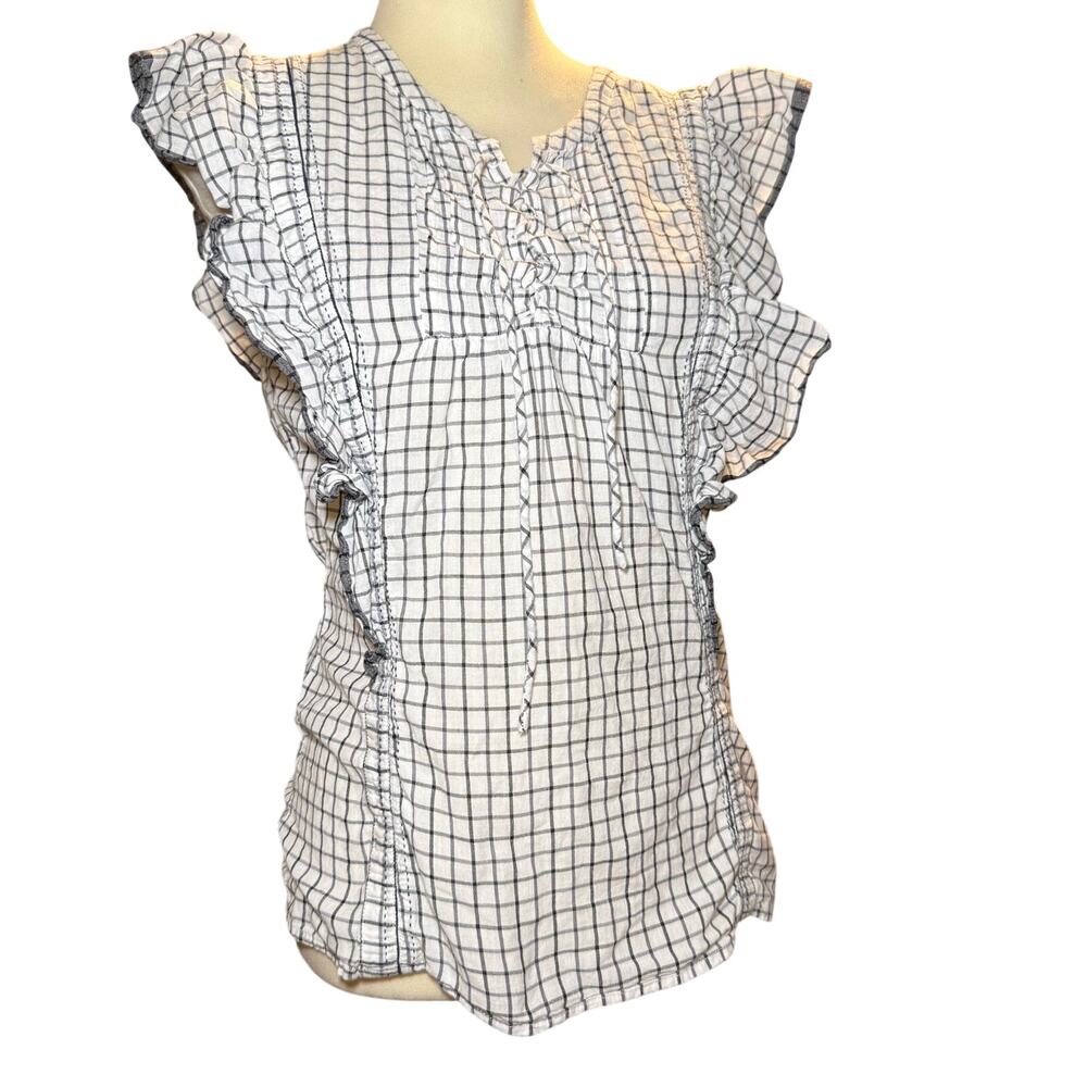 Scotch & Soda Amsterdam Blauw Ruffle Lace Up Top, Black White Windowpane, Medium - Picture 2 of 7